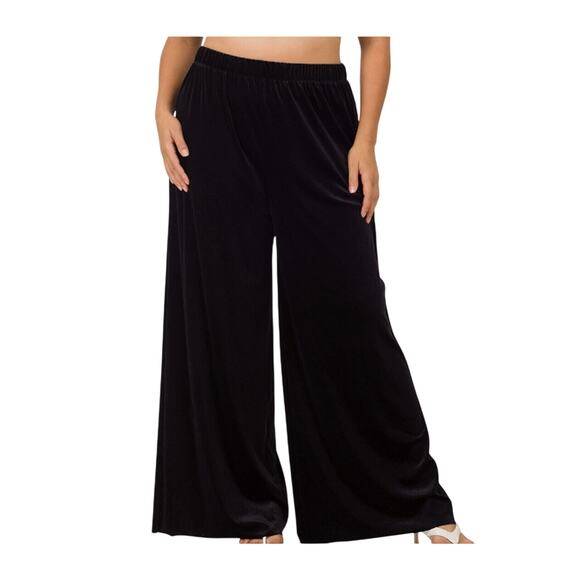 Zenana Black Velvet Wide Leg Pants Size L Elastic Waist Pull On 32" Inseam Glam - Picture 1 of 13